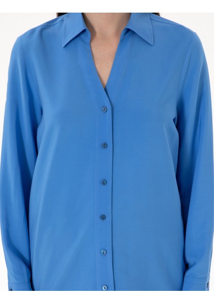 Kadın Mavi Comfort Fit Uzun Kollu Gömlek 50311566-VR036