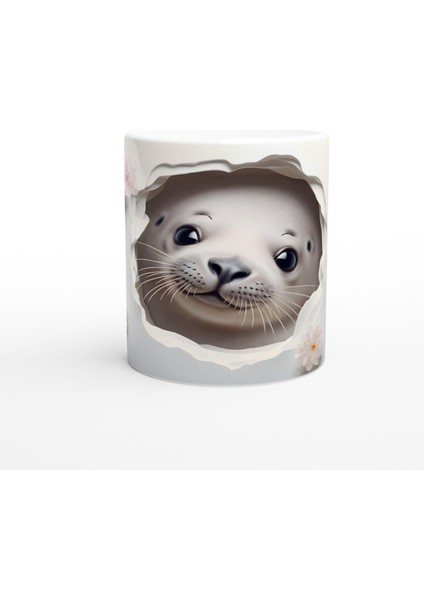 Gülümseyen Fok ve Pembe Çiçekli Su Altı Temalı Kupa Bardak