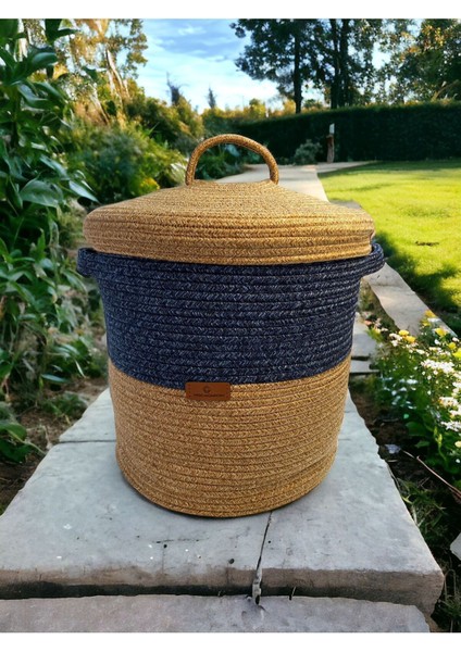 Mavi Jüt Hasır Sepet, Kapaklı, Şık ve Kullanışlı Depolama Çözümü