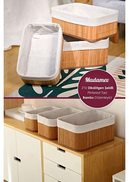 3'lü Bambu Kare Sepet Seti, Çok Amaçlı Dekoratif Ev Düzenleyici, Renkli, 23x27 cm fiyatları