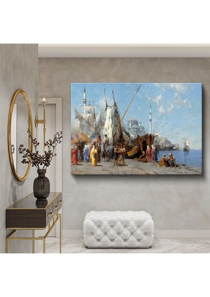 Istanbul Limanı - Yelkenliler ve Cami Manzarası Kanvas Tablo