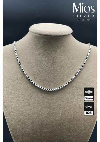 3mm Oksitli Küp Zincir 925 Ayar Gümüş Kolye