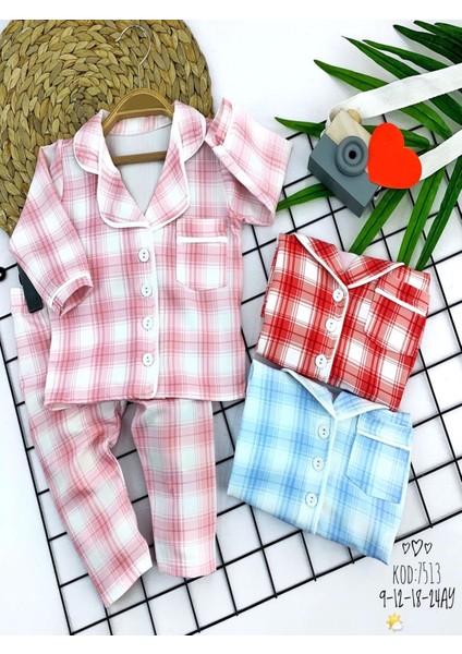 9-12-18-24 Ay Düğme Kapamalı Ekose Desenli 2li Kız Erkek Bebek Pijama Takımı Pembe