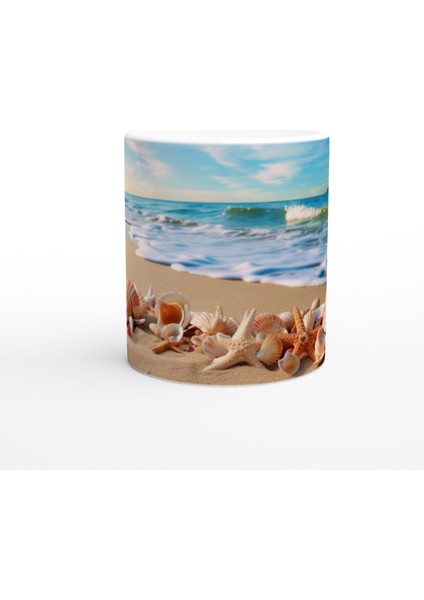 Kumsalda Renkli Kabuklar ve Yıldızlar Su Altı Temalı Kupa Bardak