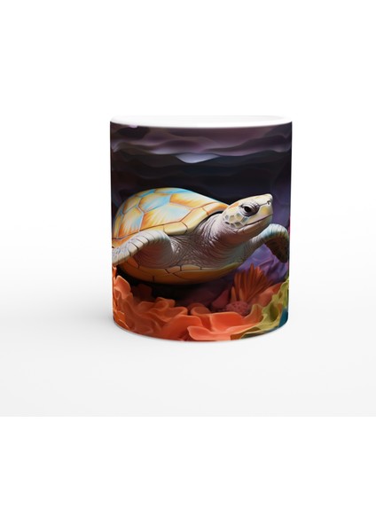 Renkli Mercanlar Arasında Yüzen Deniz Kaplumbağası Su Altı Temalı Kupa Bardak