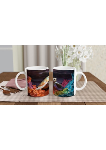 Renkli Mercanlar Arasında Yüzen Deniz Kaplumbağası Su Altı Temalı Kupa Bardak indirimleri