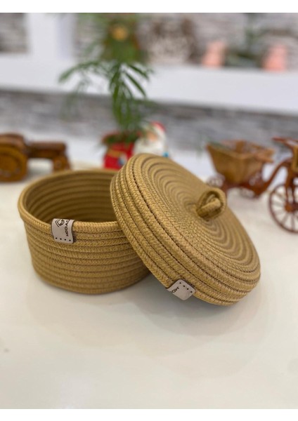 Şık Oval Jüt Hasır Sepet, Kapaklı Organizer, 20x20 cm, Kullanışlı ve Estetik Düzenleyici modelleri