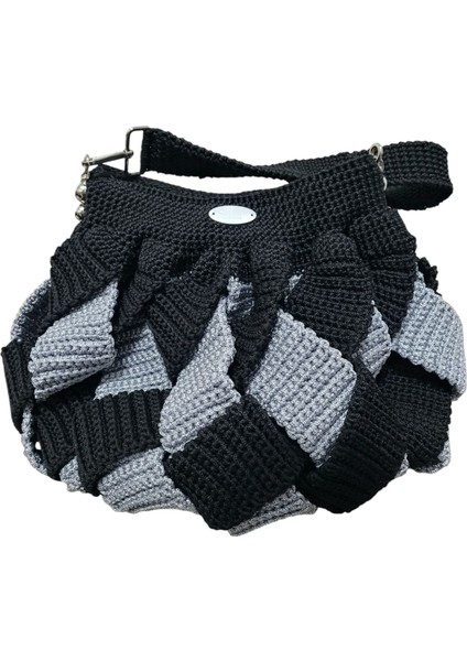 Siyah-Simli Gri Çapraz Şeritli Polyester Makrome Omuz Çantası
