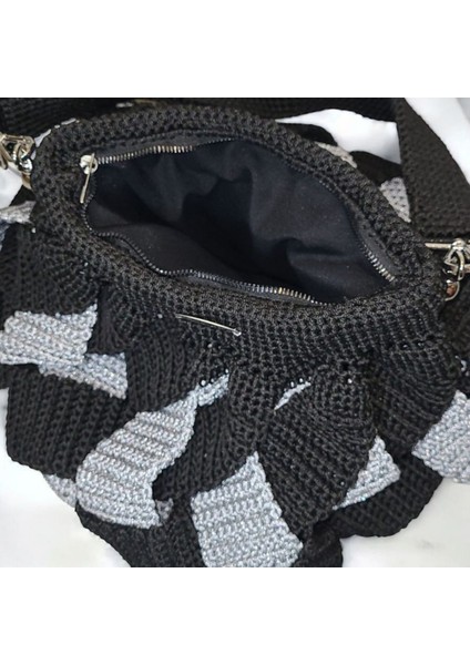 Siyah-Simli Gri Çapraz Şeritli Polyester Makrome Omuz Çantası