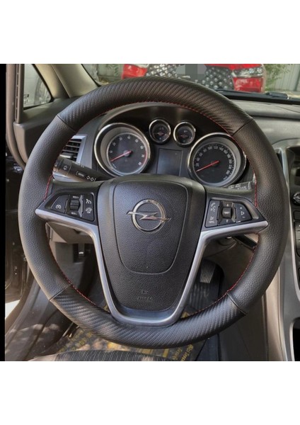 Dikişli Direksiyon Kılıfı Karbon Deri Siyah Deri Kırmızı Dikişli Opel Astra J Için