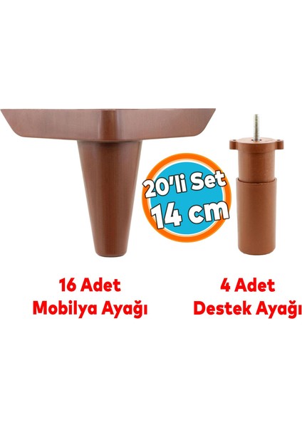 Mobilya Koltuk Kanepe Tv Ünitesi Yükseltme Destek Ayağı 14 cm Kahve Ayakları 20'li Set