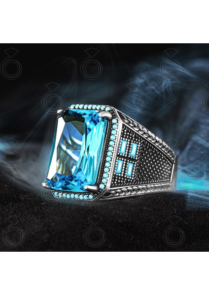 925 Ayar Gümüş Oktagon Kesim Akuamarin Taşlı Erkek Yüzük