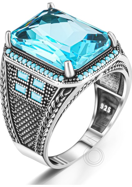 925 Ayar Gümüş Oktagon Kesim Akuamarin Taşlı Erkek Yüzük fiyatları