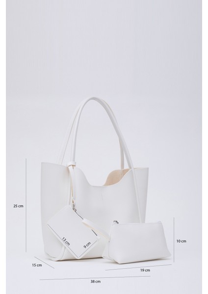 Beyaz SHK108 Çıtçıtlı Suni Deri Cüzdanlı Makyaj Çantalı Kadın El ve Omuz Çantası U:25 E:38 G:15 cm fiyatları