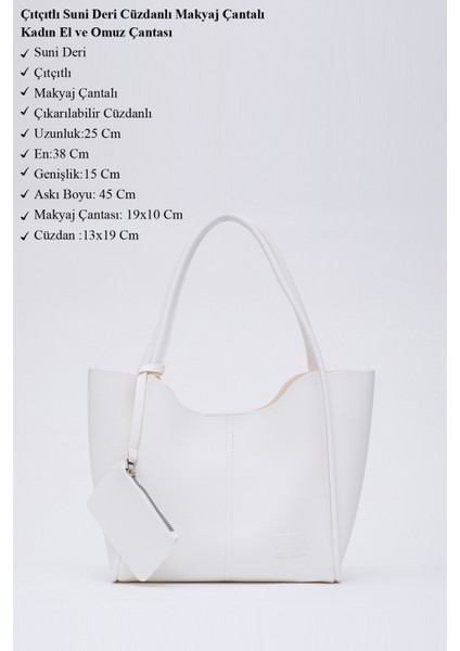 Beyaz SHK108 Çıtçıtlı Suni Deri Cüzdanlı Makyaj Çantalı Kadın El ve Omuz Çantası U:25 E:38 G:15 cm modelleri