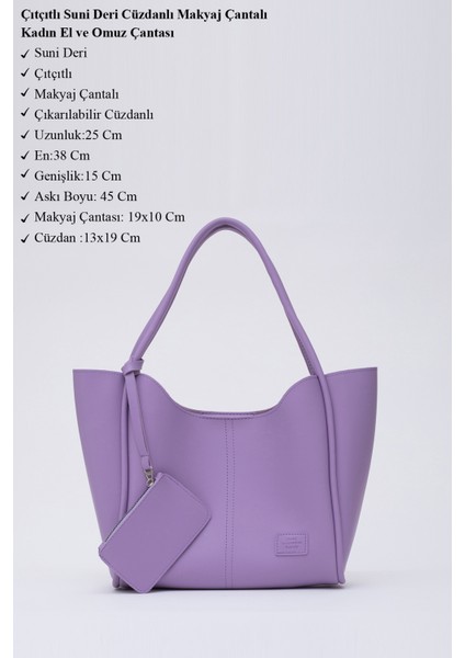 Lila SHK108 Çıtçıtlı Suni Deri Cüzdanlı Makyaj Çantalı Kadın El ve Omuz Çantası U:25 E:38 G:15 cm modelleri