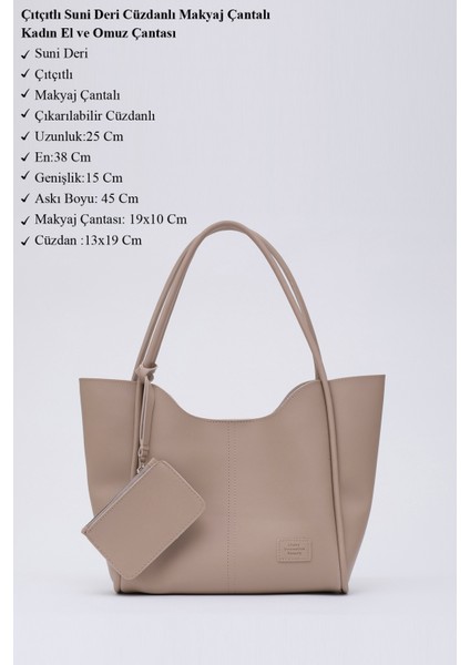 Vizon SHK108 Çıtçıtlı Suni Deri Cüzdanlı Makyaj Çantalı Kadın El ve Omuz Çantası U:25 E:38 G:15 cm modelleri