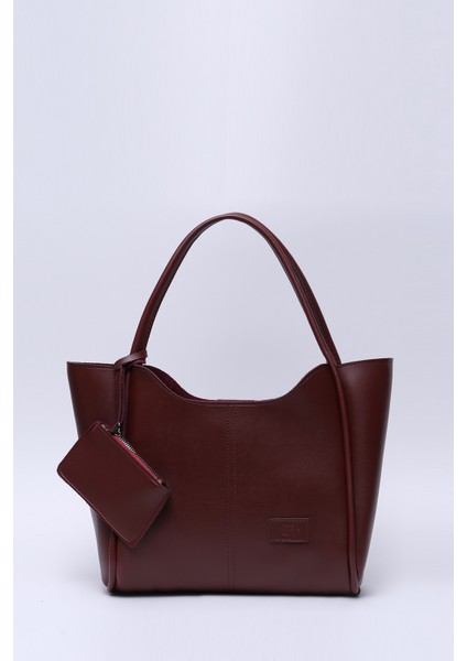 Bordo SHK108 Çıtçıtlı Suni Deri Cüzdanlı Makyaj Çantalı Kadın El ve Omuz Çantası U:25 E:38 G:15 cm