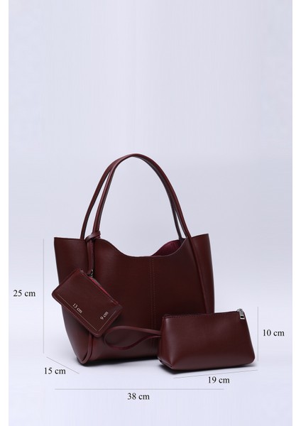 Bordo SHK108 Çıtçıtlı Suni Deri Cüzdanlı Makyaj Çantalı Kadın El ve Omuz Çantası U:25 E:38 G:15 cm fiyatları