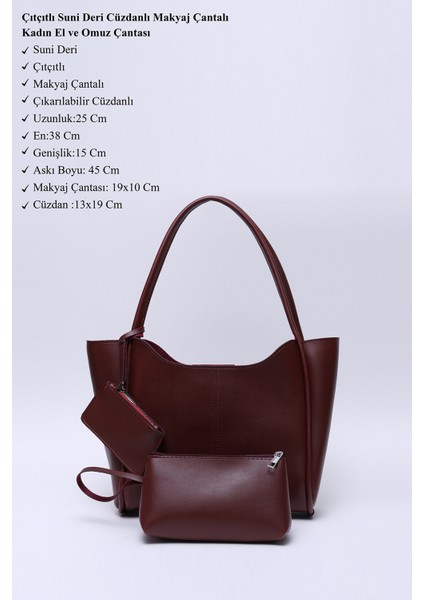 Bordo SHK108 Çıtçıtlı Suni Deri Cüzdanlı Makyaj Çantalı Kadın El ve Omuz Çantası U:25 E:38 G:15 cm modelleri