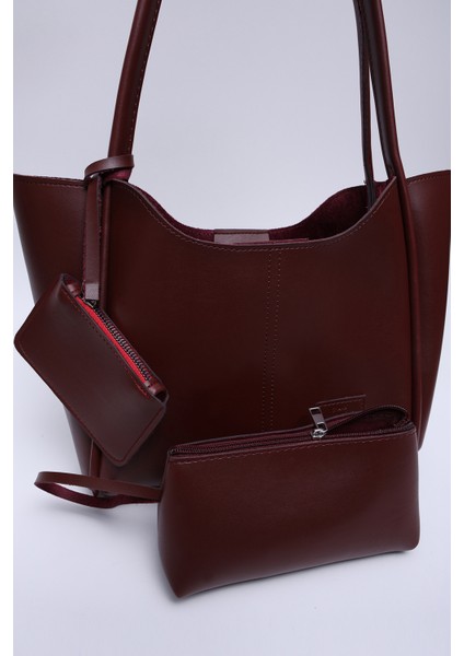 Bordo SHK108 Çıtçıtlı Suni Deri Cüzdanlı Makyaj Çantalı Kadın El ve Omuz Çantası U:25 E:38 G:15 cm