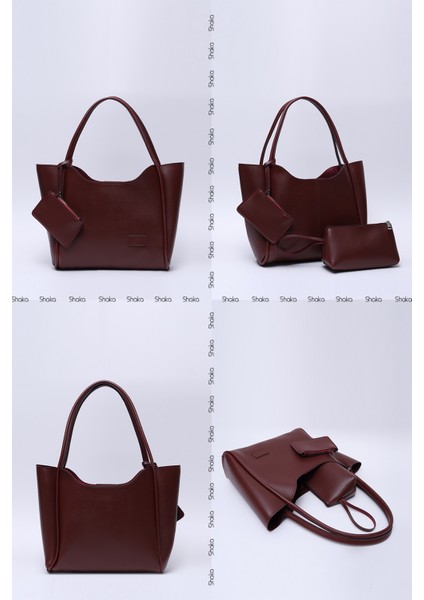 Bordo SHK108 Çıtçıtlı Suni Deri Cüzdanlı Makyaj Çantalı Kadın El ve Omuz Çantası U:25 E:38 G:15 cm