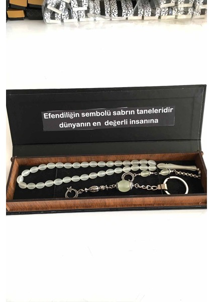 Erkek Için Ahşap Kutuda Kişiye Özel Yazılı Kedi Gözü Fosforlu Tesbih