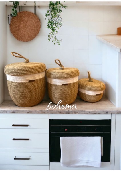 Kahverengi Üçlü Hasır Jüt Sepet Seti, Şık ve Kullanışlı Dekoratif Organizer