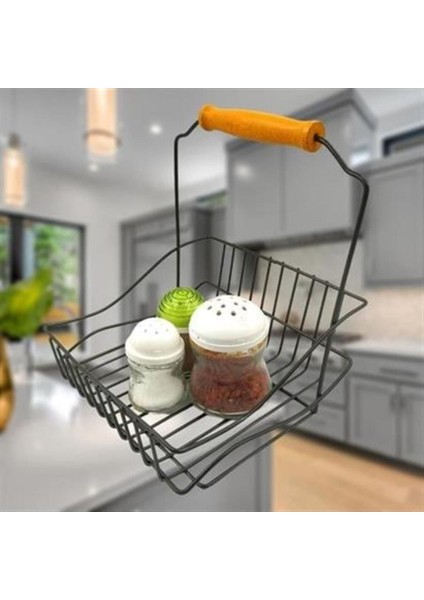 Şık ferforje mutfak düzenleyici sepet, siyah ahşap kulplu, orta çap indirimleri