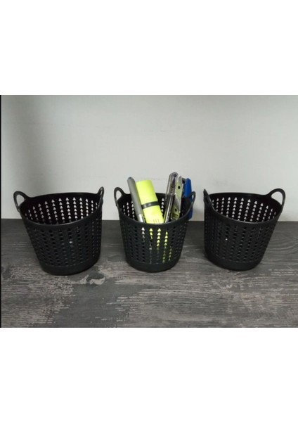 3'lü Siyah Dekoratif Mini Sunum Sepetleri, Şekerlik ve Kalemlik Seti