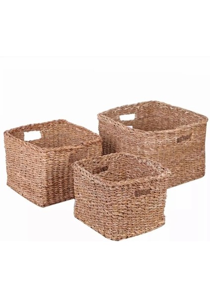 Doğal Hasır Kare Sepet Seti, Dekoratif Saksı Düzenleyici, 3'lü, Kahverengi