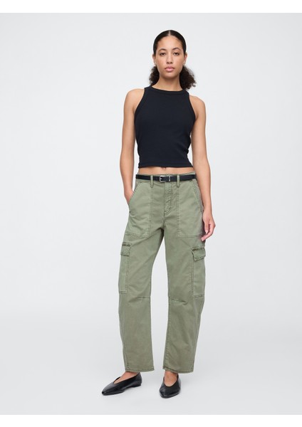 Kadın Haki High Rise Barrel Kargo Khaki Pantolon