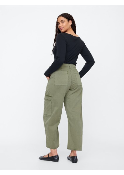 Kadın Haki High Rise Barrel Kargo Khaki Pantolon