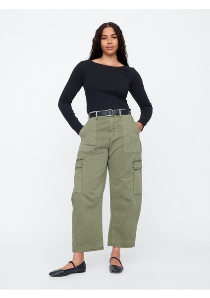 Kadın Haki High Rise Barrel Kargo Khaki Pantolon