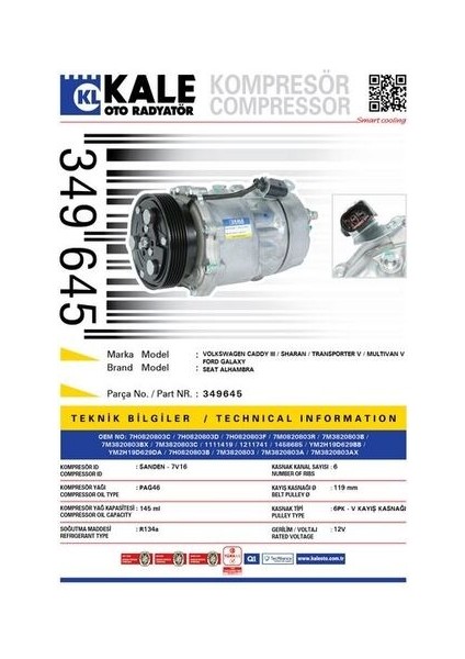 Oto Radyatör 349645 Klima Kompresörü Caddy (05-10)Galaxy (00-06)1.9tdı