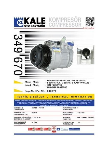 Oto Radyatör 349670 Klima Kompresörü Mercedes C-Seri (W202-S202)CLK (C208)E (W210)