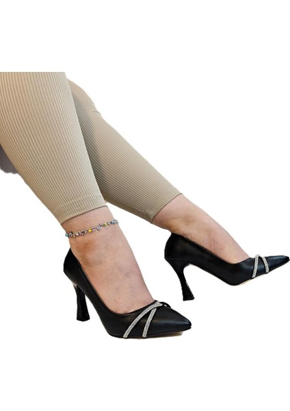 7030 Siyah Örgü Taşlı Kadeh Topuk Stiletto Topuklu Ayakkabı modelleri