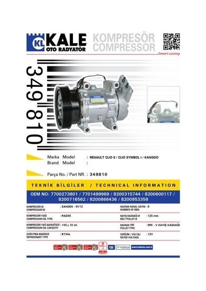 Oto Radyatör 349810 Klima Kompresörü Clıo Iı 1.4-1.6 16V-1.5 Dcı 01- Kng 1.4-1.6 16V-1.5 Dcı 97- (120MM)
