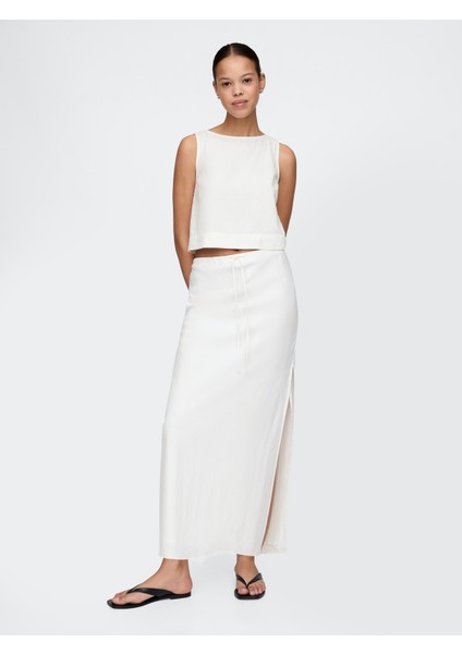 Kadın Beyaz Linen-Blend Midi Etek