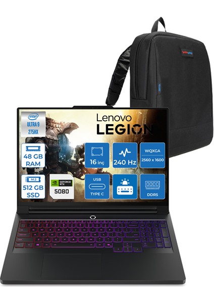 Legion Pro 7 Intel Core Ultra 9 275HX 48GB Ddr5 512GB SSD 16GB/RTX5080/175W Freedos 16" Wqxga OLED 500NITS 240Hz Taşınabilir Bilgisayar LG16IAX10HF17 + Zettaçanta