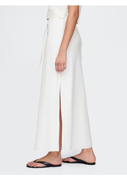 Kadın Beyaz Linen-Blend Midi Etek fırsatları