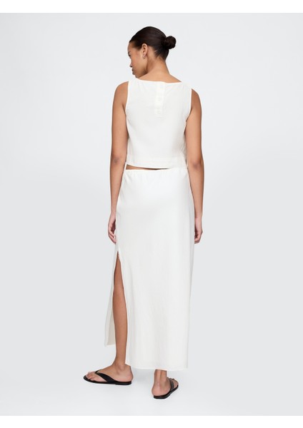 Kadın Beyaz Linen-Blend Midi Etek indirimleri