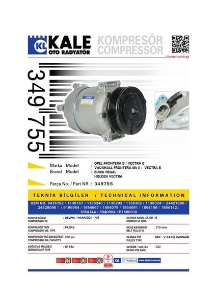 Oto Radyatör 349755 Klima Kompresörü Vectra B 1.6i-1.6 16V-2.0İ-2.0 Dtı 16V (95-03) (119MM)