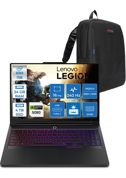 Legion Pro 7 Intel Core Ultra 9 275HX 24GB Ddr5 4tb SSD 16GB/RTX5080/175W WIN11PRO 16" Wqxga OLED 500NITS 240Hz Taşınabilir Bilgisayar LG16IAX10HP08 + Zettaçanta