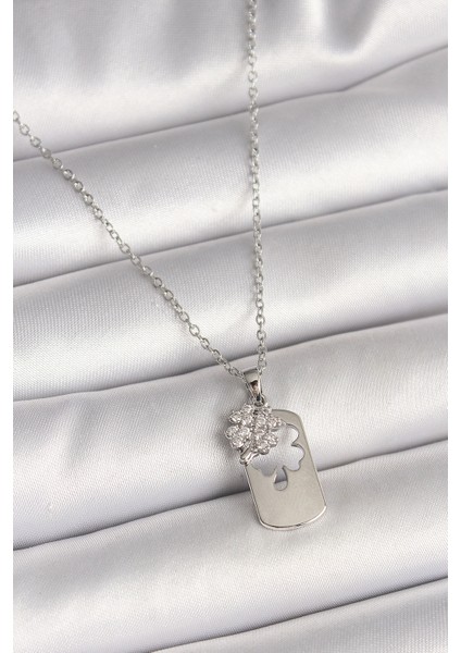 Gümüş Renk Zincir Zirkon Taşlı Yonca Model Kadın Kolye - EBJ250501W32733