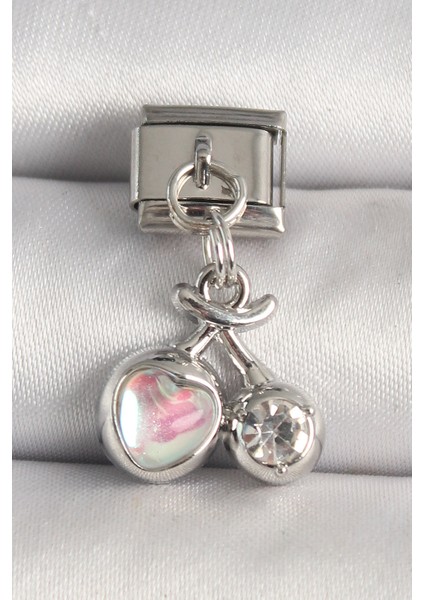 Gümüş Renk Pembe Mineli Kalp Zirkon Taş Detay Nomination Charm - EBJ250501W32873