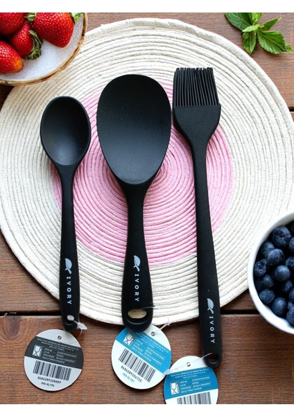 3'lü Set Pilav Kaşığı Uzun Fırça ve Mini Derin Kaşık Siyah Renk