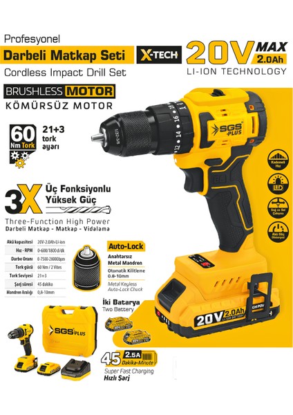 Darbeli Matkap Seti 20 Volt 60NM (2.0AH) (Kömürsüz Motor)