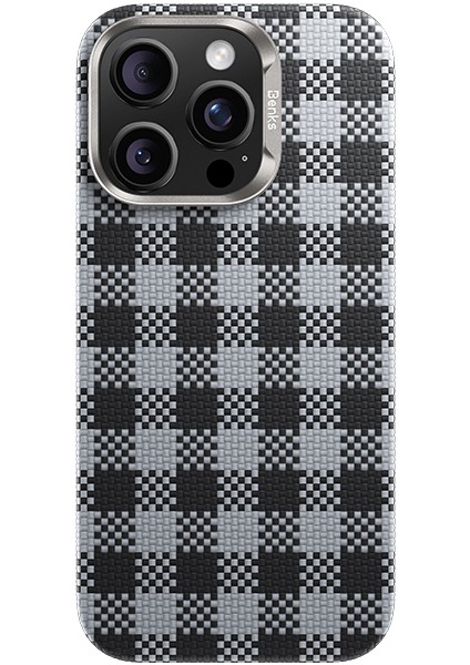 iPhone 15 Pro Kılıf M-Safe Özellikli Ekose Tasarımlı Benks Armorvichy Kevlar Kapak Siyah