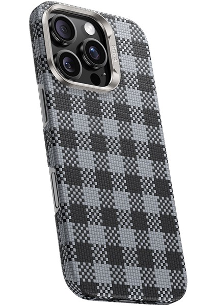 iPhone 15 Pro Kılıf M-Safe Özellikli Ekose Tasarımlı Benks Armorvichy Kevlar Kapak Siyah
